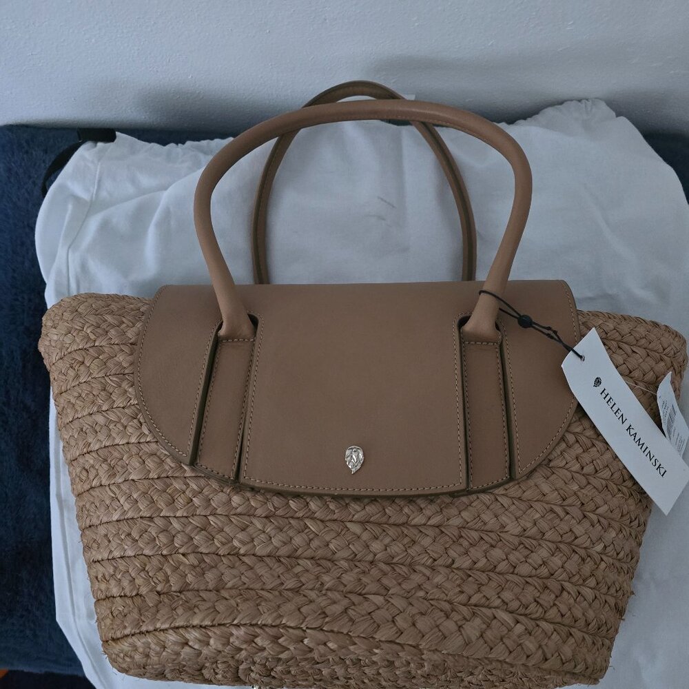 NWT Helen Kaminski gorgeous leather and raffia tote